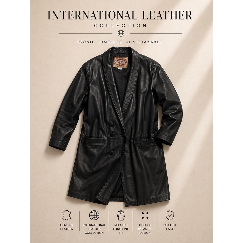 Vintage International Leather Black Leather Coat 90s Minimalist Longline Jacket